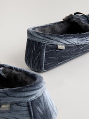 Navy Jaquard Velvet Moccasin Faux Fur Lined Slippers - Image 4 of 5