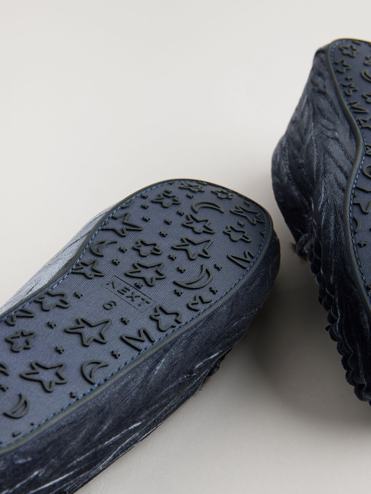 Navy Jaquard Velvet Moccasin Faux Fur Lined Slippers - Image 5 of 5