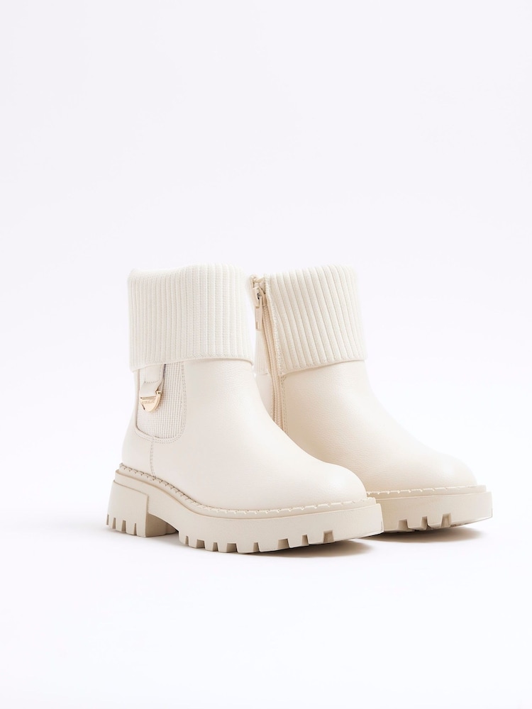 River Island Cream Girls Knit Chelsea Boots - Image 2 of 5