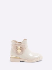 River Island Cream Girls Patent Bow Padlock Boots - Image 1 of 5