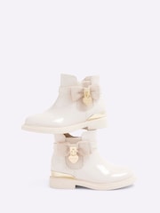 River Island Cream Girls Patent Bow Padlock Boots - Image 4 of 5