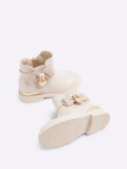 River Island Cream Girls Patent Bow Padlock Boots - Image 5 of 5