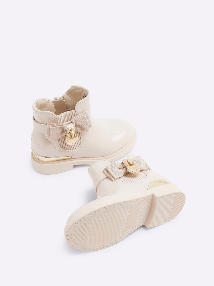 River Island Cream Girls Patent Bow Padlock Boots - Image 5 of 5