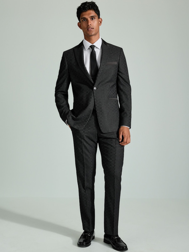Grey Regular Fit Textured Tuxedo Suit Jacket - Image 2 of 10