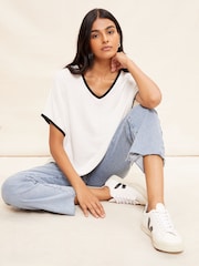 Friends Like These White/Black Tipped Petite Short Sleeve V Neck Tunic Top - Image 3 of 4