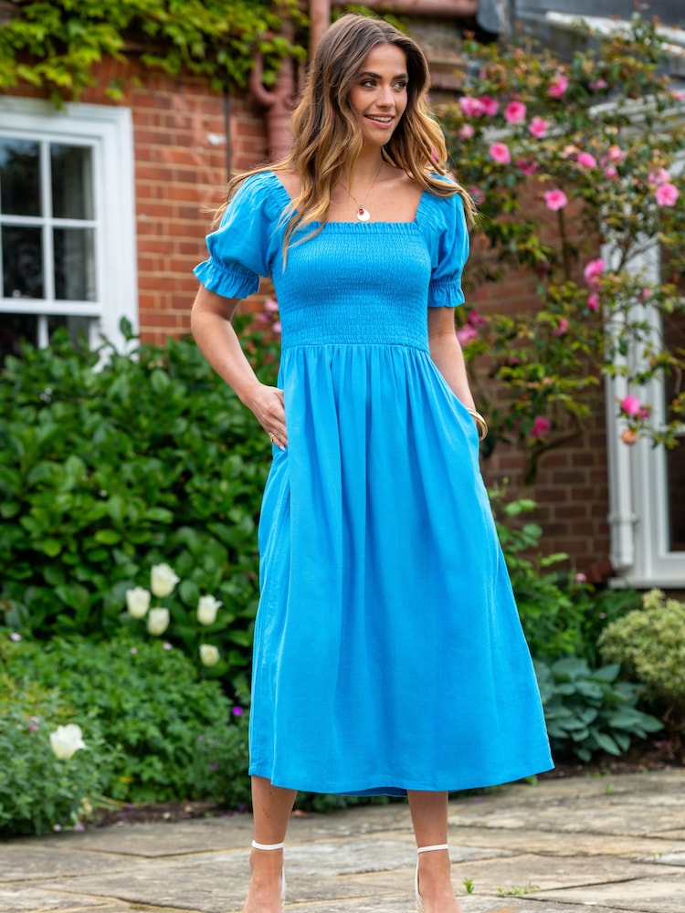Pour Moi Blue Daisy Shirred Bodice Short Sleeve Midi Dress - Image 1 of 4