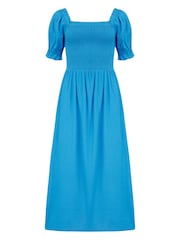 Pour Moi Blue Daisy Shirred Bodice Short Sleeve Midi Dress - Image 3 of 4