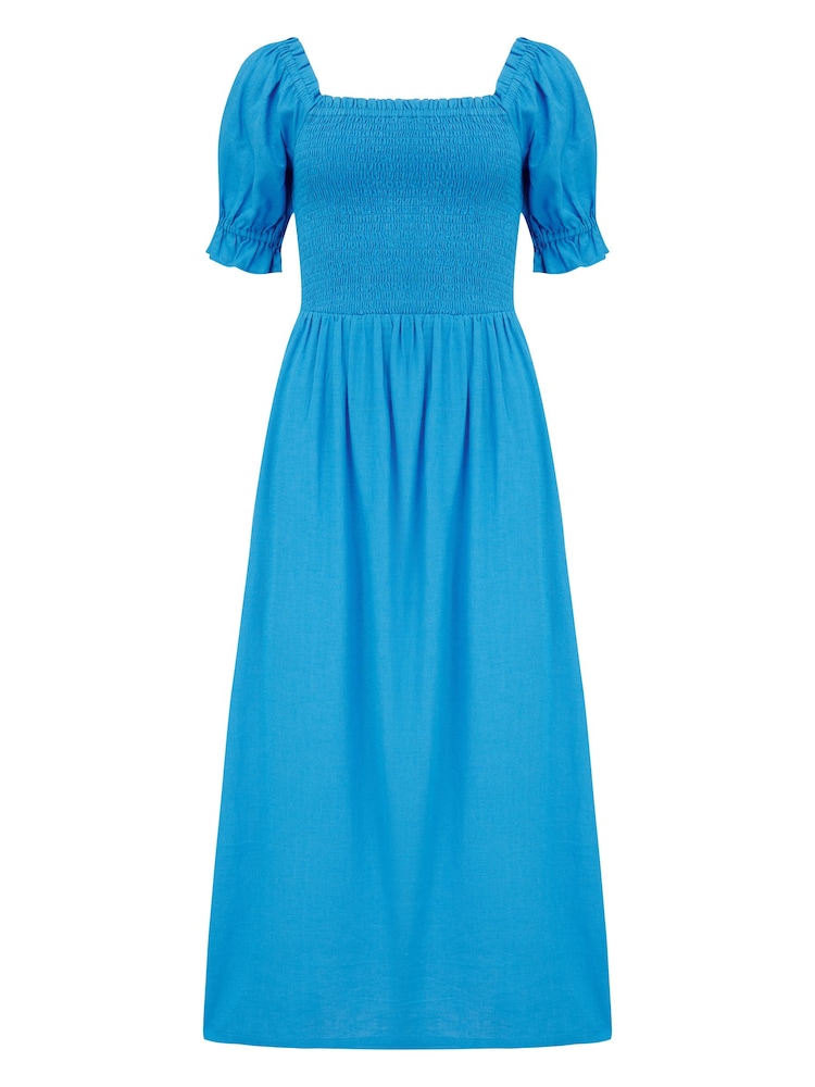 Pour Moi Blue Daisy Shirred Bodice Short Sleeve Midi Dress - Image 3 of 4