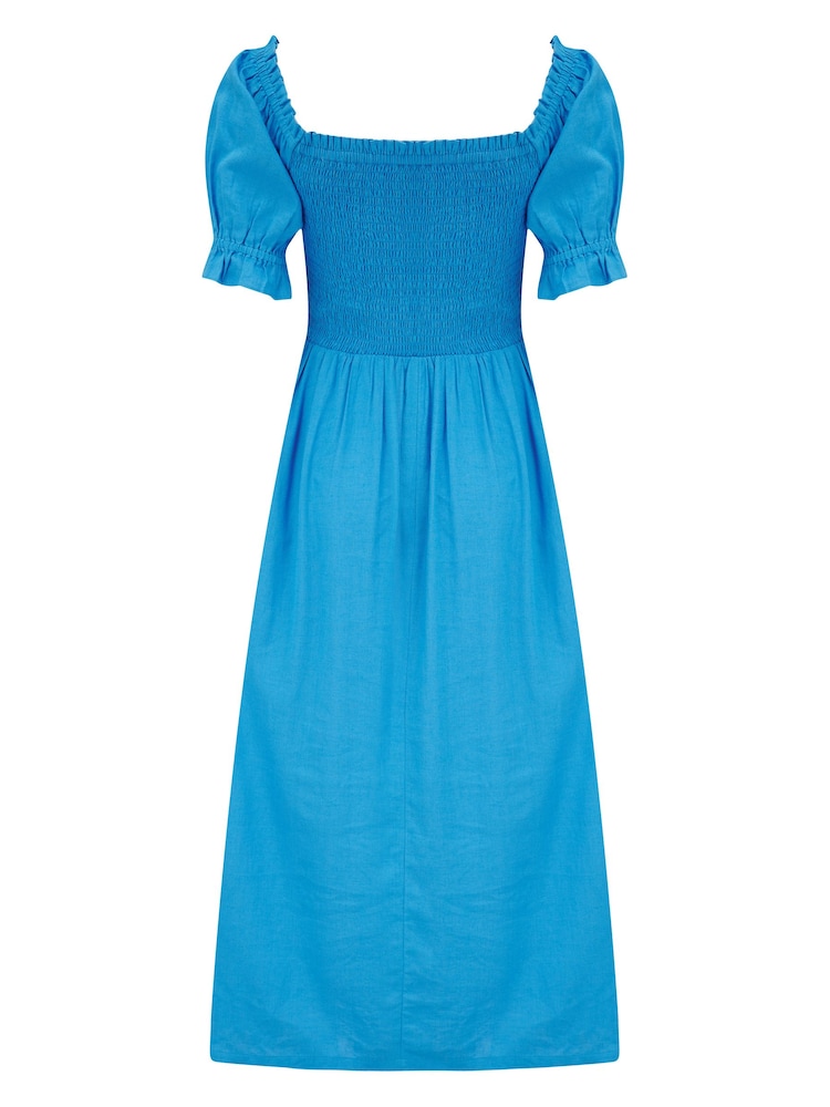 Pour Moi Blue Daisy Shirred Bodice Short Sleeve Midi Dress - Image 4 of 4