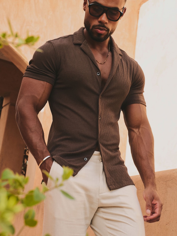 Tailored Athlete Brown Muscle Fit Linear Textured Cuban Collar Shirt - Image 1 of 7 Tailored Athlete Brown Muscle Fit Linear Textured Cuban Collar Shirt - Image 1 of 7
