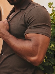 Tailored Athlete Brown Muscle Fit Linear Textured Cuban Collar Shirt - Image 2 of 7