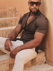 Tailored Athlete Brown Muscle Fit Linear Textured Cuban Collar Shirt - Image 4 of 7