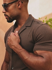 Tailored Athlete Brown Muscle Fit Linear Textured Cuban Collar Shirt - Image 5 of 7