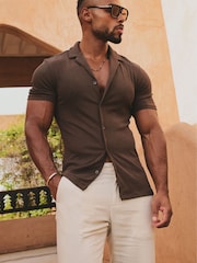 Tailored Athlete Brown Muscle Fit Linear Textured Cuban Collar Shirt - Image 6 of 7
