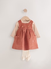 Rust Brown Embroidered Baby Corduroy Pinafore 100% Cotton Dress With Tights (0mths-2yrs) - Image 1 of 7