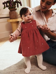 Rust Brown Embroidered Baby Corduroy Pinafore 100% Cotton Dress With Tights (0mths-2yrs) - Image 2 of 7