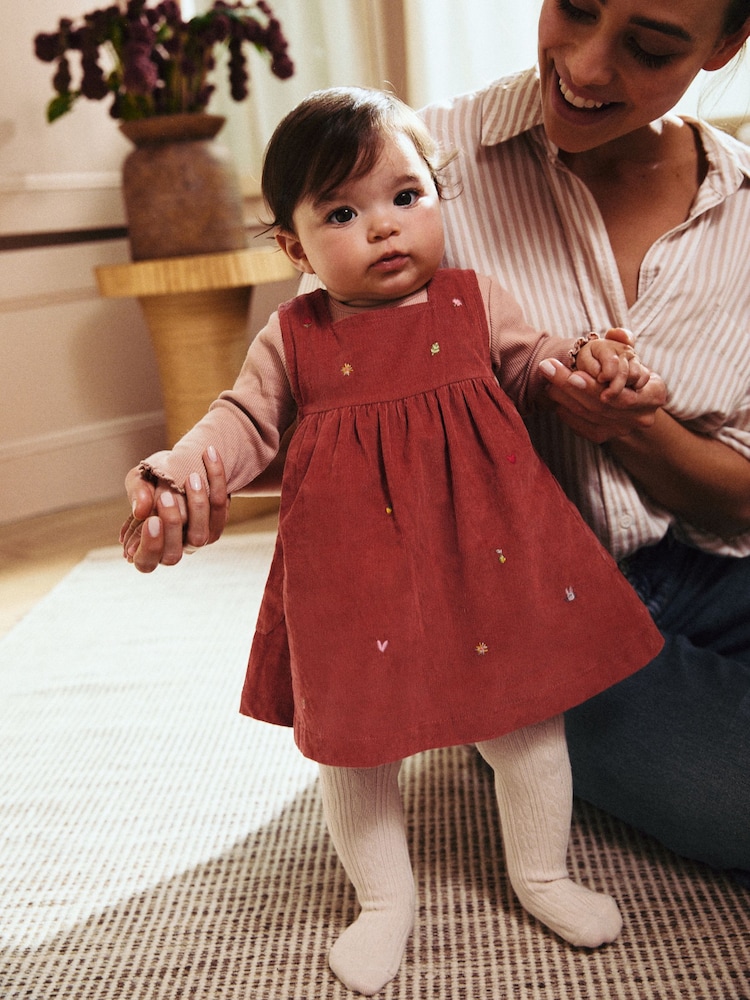 Rust Brown Embroidered Baby Corduroy Pinafore 100% Cotton Dress With Tights (0mths-2yrs) - Image 2 of 7