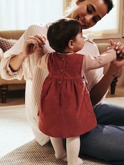 Rust Brown Embroidered Baby Corduroy Pinafore 100% Cotton Dress With Tights (0mths-2yrs) - Image 3 of 7