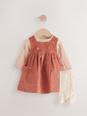 Rust Brown Embroidered Baby Corduroy Pinafore 100% Cotton Dress With Tights (0mths-2yrs) - Image 4 of 7