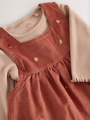 Rust Brown Embroidered Baby Corduroy Pinafore 100% Cotton Dress With Tights (0mths-2yrs) - Image 5 of 7
