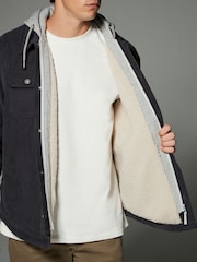 Black Hooded Corduroy Borg Lined Shacket - Image 3 of 8
