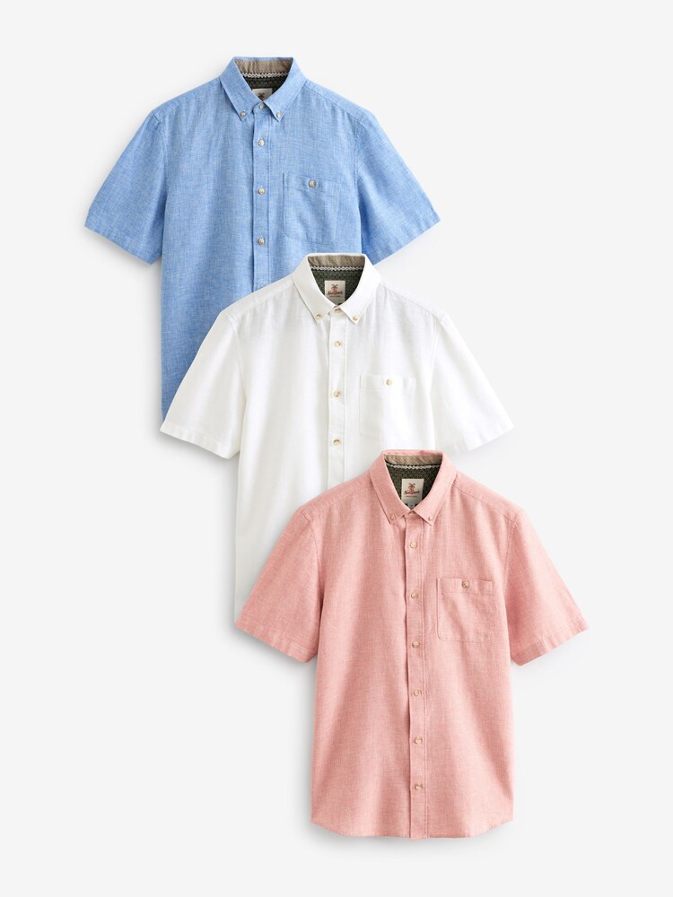 White/Blue/Pink Short Sleeve Linen Blend Oxford Shirts 3 Pack - Image 1 of 12