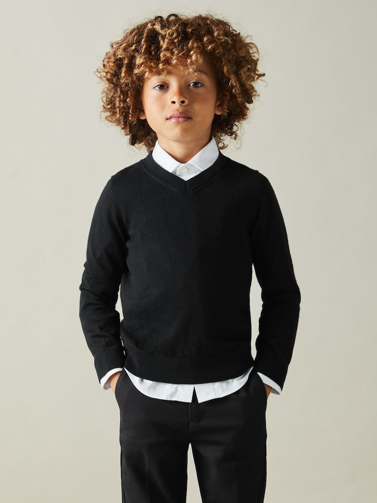 Reiss Black Earl 3-9 yrs Merino Wool V-Neck Jumper - Image 1 of 4