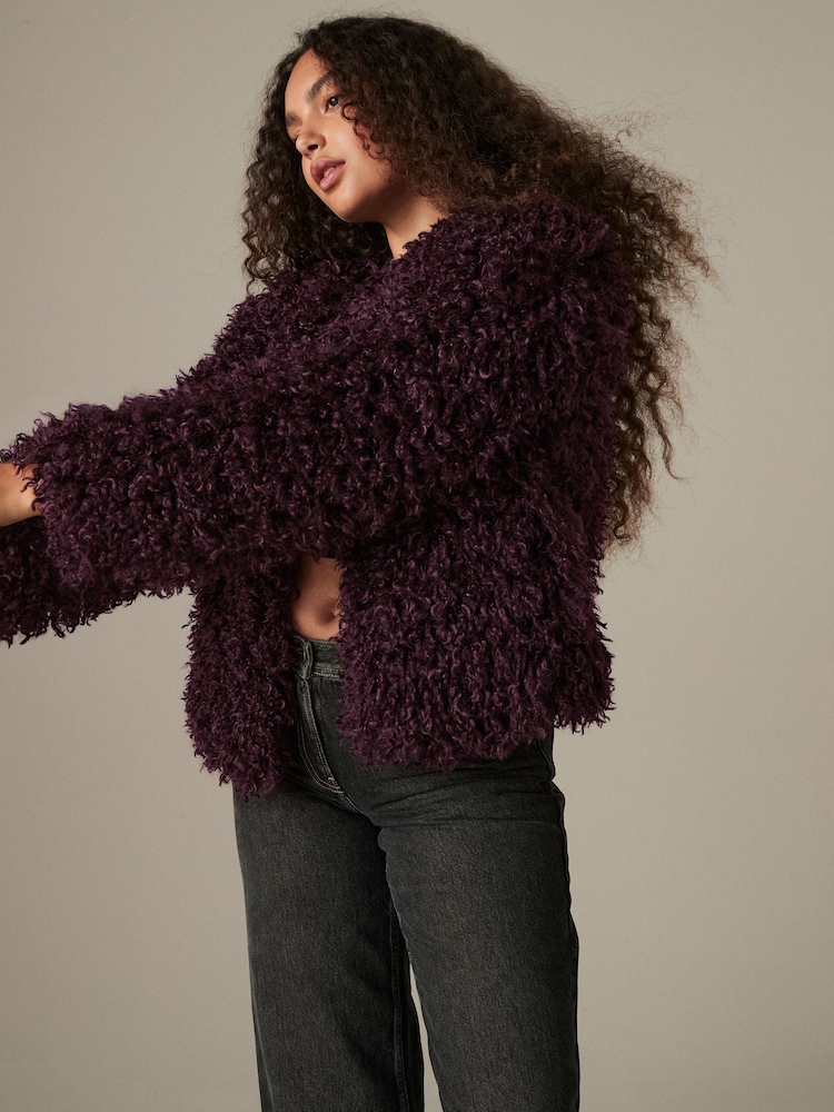Burgundy Red Short Faux Fur Jacket - Image 1 of 6 Burgundy Red Short Faux Fur Jacket - Image 1 of 6