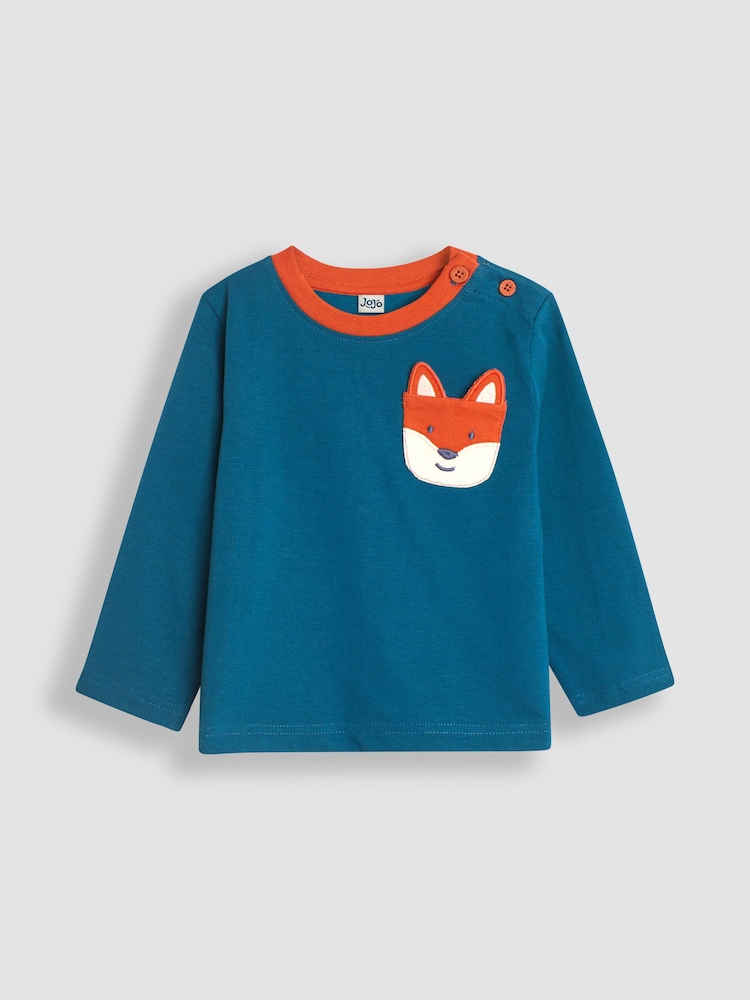 JoJo Maman Bébé Teal Fox Appliqué Pocket Top - Image 1 of 3