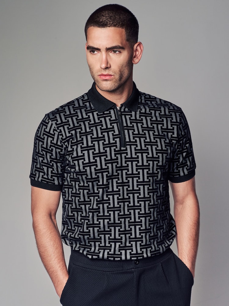 Grey/Black Flocked Quarter Zip Polo Shirt - Image 1 of 7