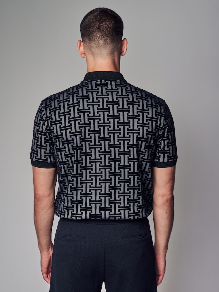 Grey/Black Flocked Quarter Zip Polo Shirt - Image 2 of 7