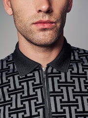 Grey/Black Flocked Quarter Zip Polo Shirt - Image 4 of 7