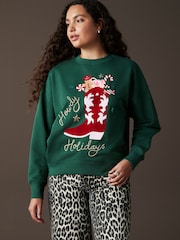 Forest Green/Pink/Red Novelty Christmas Fun Graphic Stocking Cowboy Boot Crew Neck Sweatshirt - Image 1 of 7