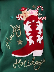 Forest Green/Pink/Red Novelty Christmas Fun Graphic Stocking Cowboy Boot Crew Neck Sweatshirt - Image 4 of 7