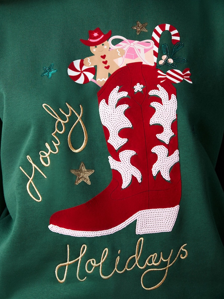 Forest Green/Pink/Red Novelty Christmas Fun Graphic Stocking Cowboy Boot Crew Neck Sweatshirt - Image 4 of 7