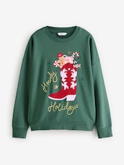 Forest Green/Pink/Red Novelty Christmas Fun Graphic Stocking Cowboy Boot Crew Neck Sweatshirt - Image 5 of 7