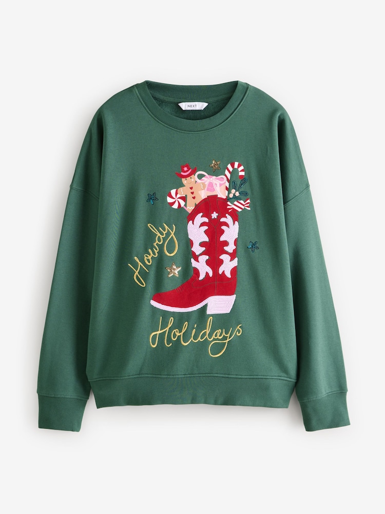 Forest Green/Pink/Red Novelty Christmas Fun Graphic Stocking Cowboy Boot Crew Neck Sweatshirt - Image 5 of 7