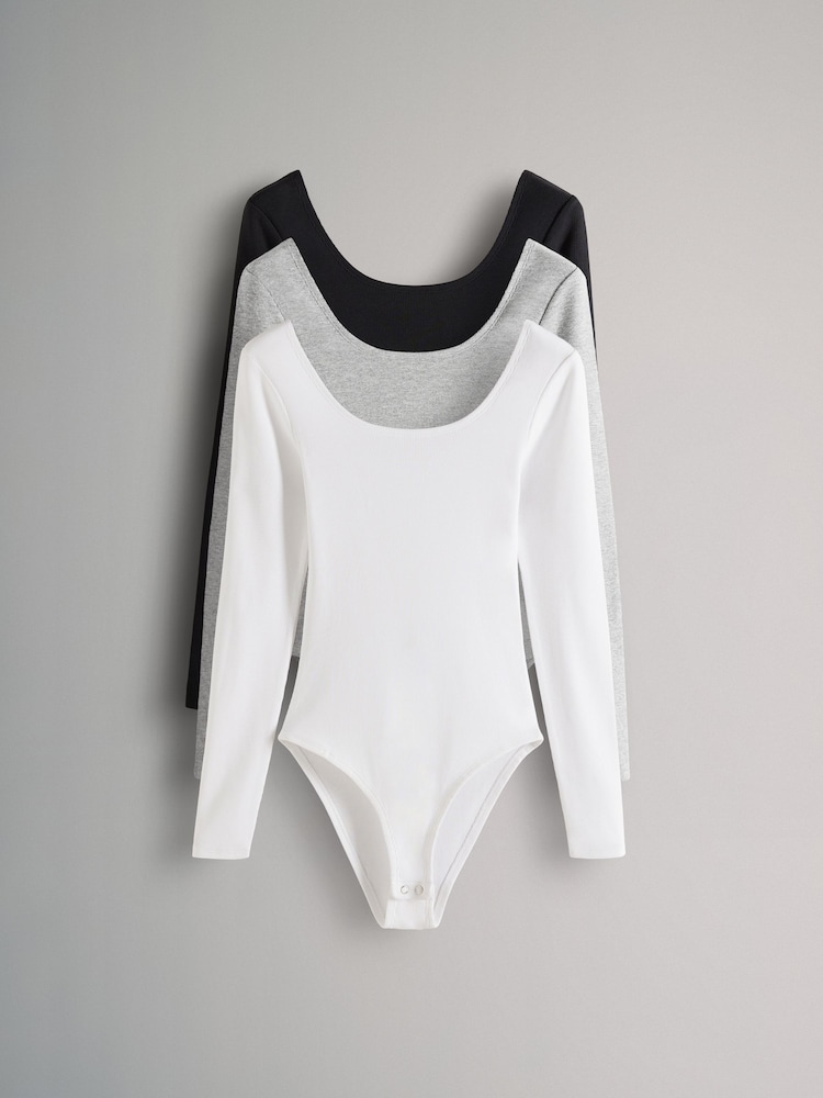 The Set Grey/Black/White 3 Pack Ribbed Long Sleeve Bodysuits - Image 1 of 11