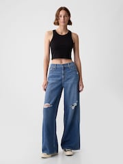 Gap Blue Distressed Knee Mid Rise UltraSoft Baggy Jeans - Image 1 of 7