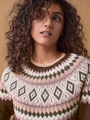 Berry Red Fairisle Pattern Compact Cosy Crew Neck Jumper With Side Split Detail - Image 1 of 14