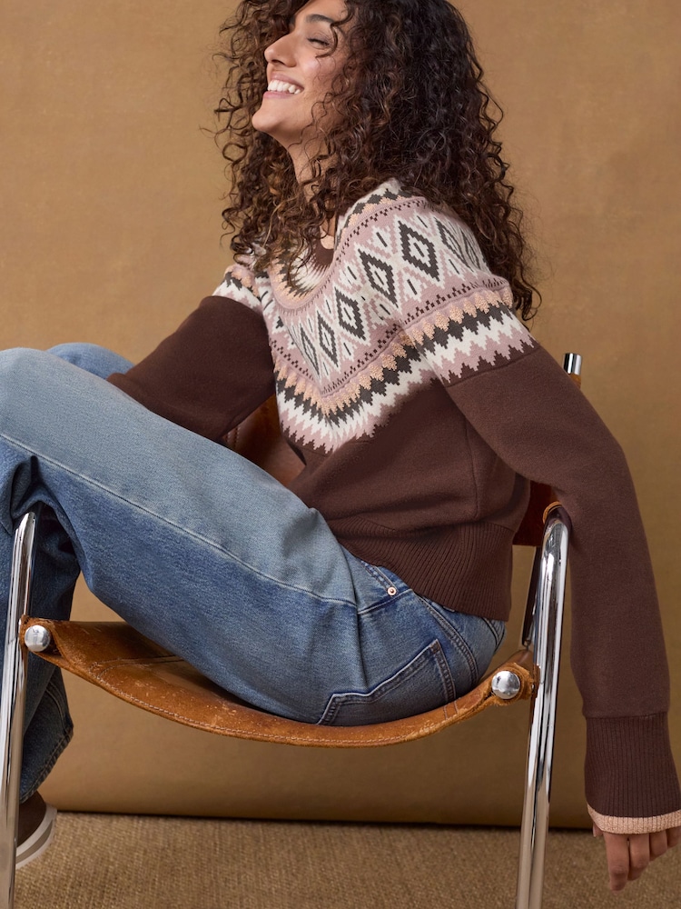 Berry Red Fairisle Pattern Compact Cosy Crew Neck Jumper With Side Split Detail - Image 2 of 7