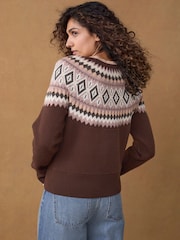 Berry Red Fairisle Pattern Compact Cosy Crew Neck Jumper With Side Split Detail - Image 7 of 14