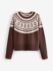 Berry Red Fairisle Pattern Compact Cosy Crew Neck Jumper With Side Split Detail - Image 11 of 14