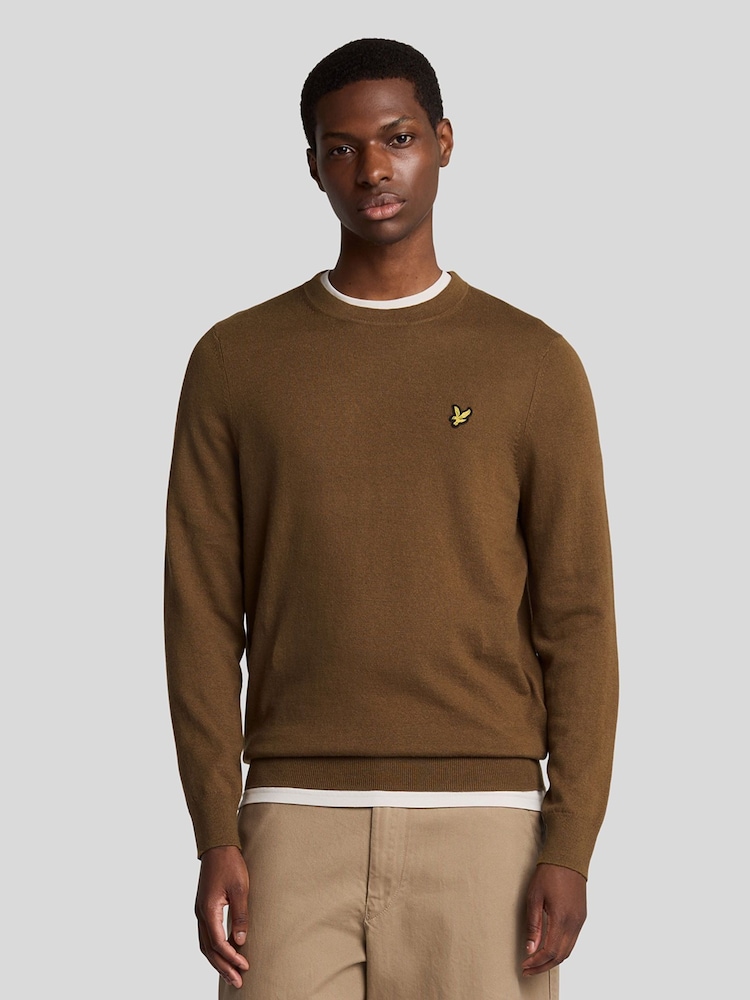 Lyle & Scott Tan Brown Cotton Merino Crew Neck Jumper - Image 1 of 5