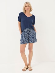 FatFace Blue Twisted Cuff Knit Cotton/Linen Blend T-Shirt - Image 1 of 5