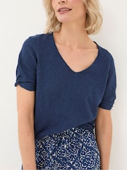 FatFace Blue Twisted Cuff Knit Cotton/Linen Blend T-Shirt - Image 2 of 5