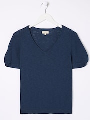 FatFace Blue Twisted Cuff Knit Cotton/Linen Blend T-Shirt - Image 5 of 5