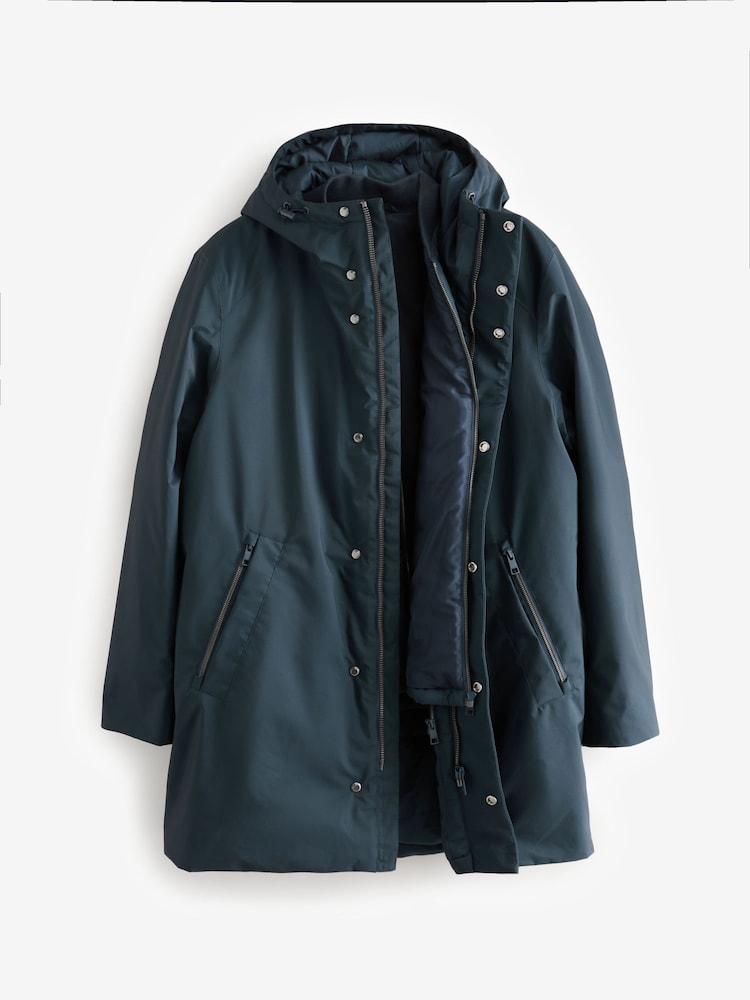 Navy Blue Waterproof Padded 3 in 1 Signature Hooded Coat - Image 7 of 10