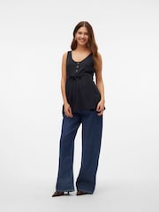 Mamalicious Black Maternity Button Front Sleeveless 100% Cotton Dress With Nursing Function - Image 4 of 6