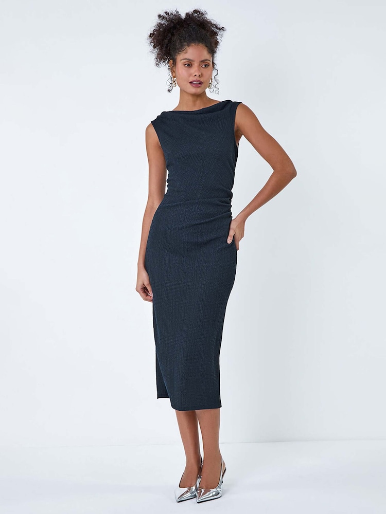 Dusk Blue Ruched Cowl Neck Midi Dress - Image 2 of 5